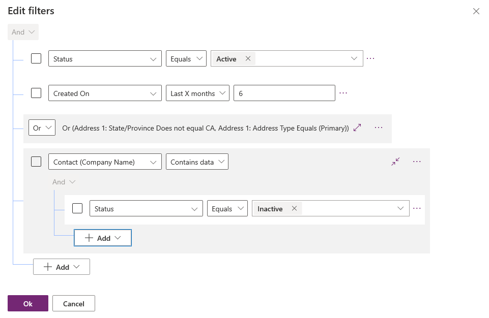 Screenshot of the filtering configuration screen